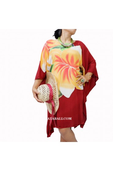 Bali Summer Clothes Poncho Top Dress Maroon Handpainting Flower Casual Fashion